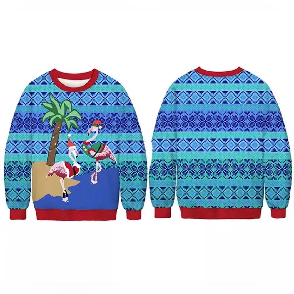 Jolly Sweaters Flamingo Palm Tree Tropical Ugly Christmas Sweater Medium
